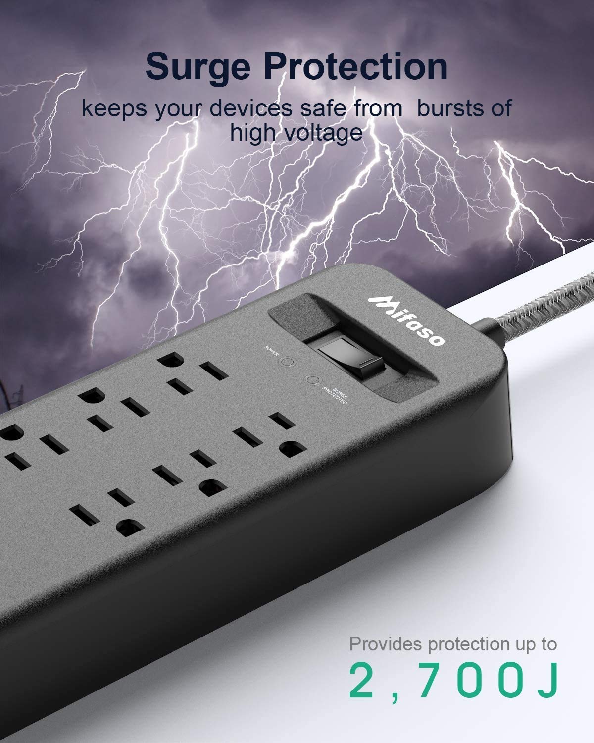 Mifaso 2700Joules Power Strip with 8 Outlets, 3 USB Ports, Braided Extension Cord, Overload Protection, UL Approved
