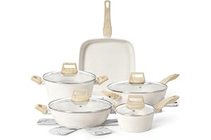 SODAY 13Pcs Pots and Pans Set, Nonstick Cookware Sets, White Granite Induction Cookware Non Stick Cooking Set with Frying Pans & Saucepans(Non PFOS, PFOA)