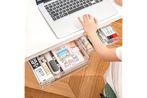 TOOCUST 2Pcs Under Desk Storage Drawers Slide Out,Large&Medium,Stick On Drawers,Under Desk Organizer Hidden Under Table Drawer for Home Office School Organization and Storage-Clear White