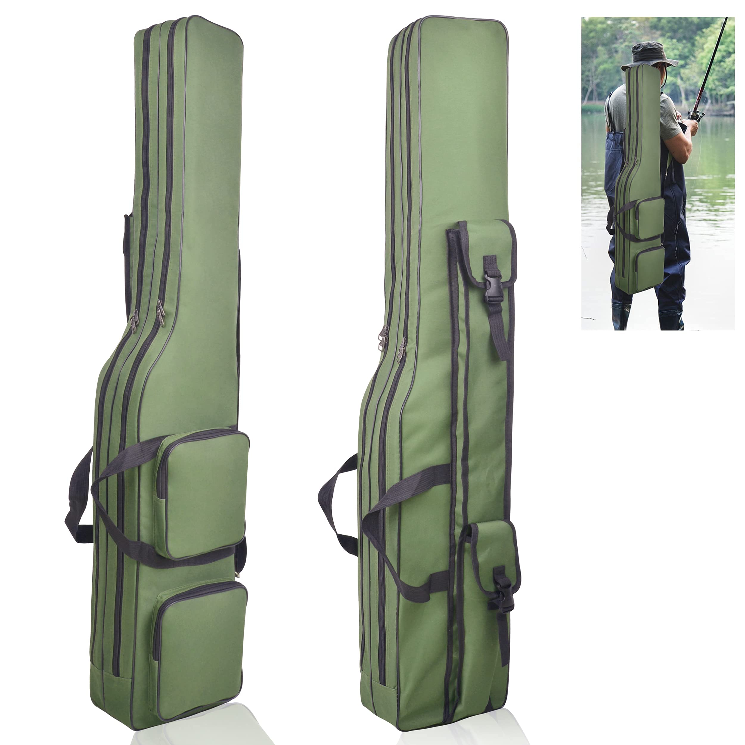 OROOTL Fishing Carrier Holdall, Foldable Waterproof 600D Oxford Fishing Rod Bag with Adjustable Rod Holders & Large Storage Pockets, Fishing Tackle Organizer Case for Pike Salmon Trout Anglers