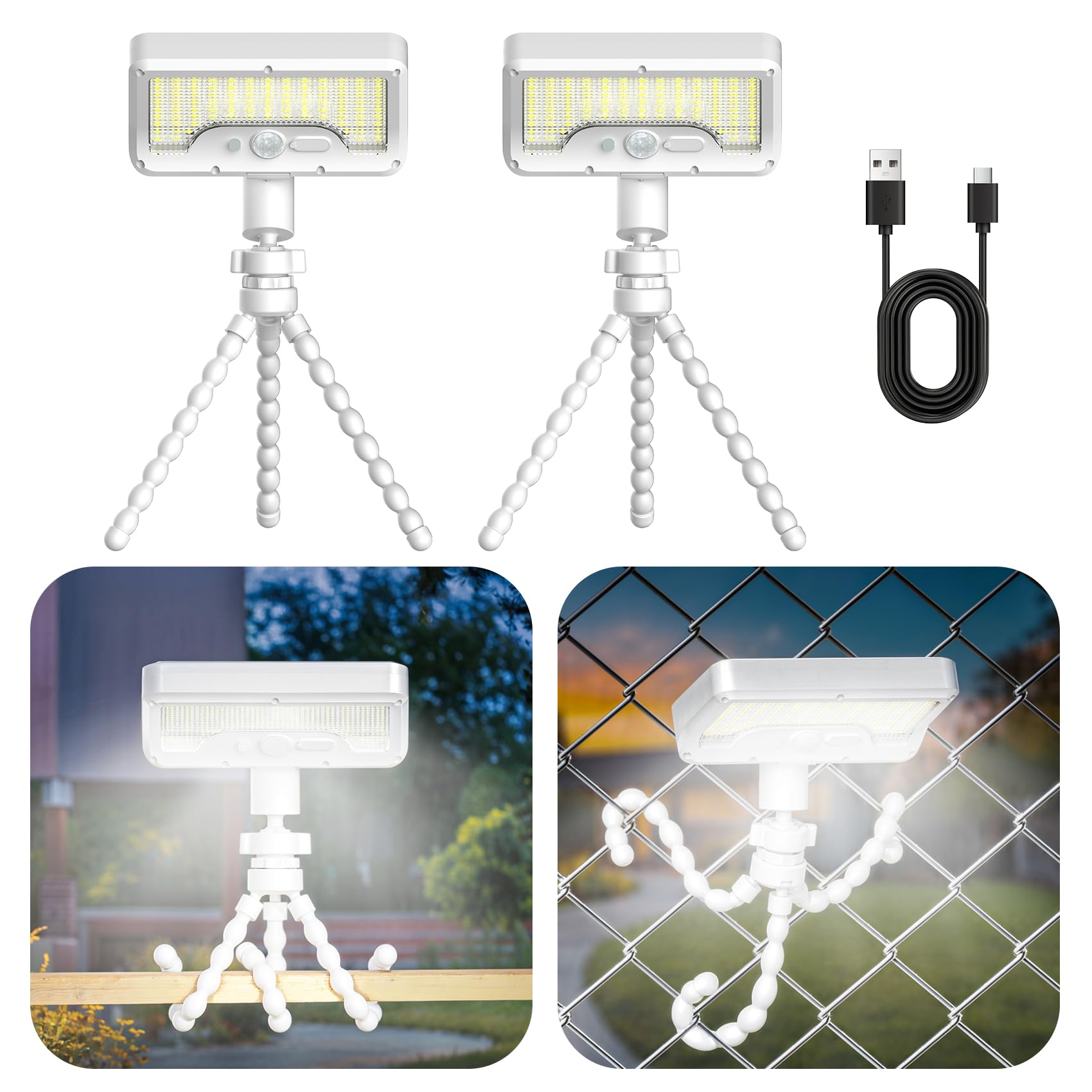 Photo 1 of Tryme Solar Lights Outdoor with Motion Sensor, USB & Solar Powered, Adjustable Angle, 3 Modes, Octopus Stand, IP65 Waterproof Fence Lights for Garden, Gate (2 Pack)