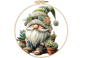 TIWABB Stamped Cross Stitch Kits for Adults with Frame - Gnome Succulents Embroidery Kits for Beginners Adults,11 CT Patterns Dimensions Counted Cross Stitch Kits Arts Craft 8 x 8 inch