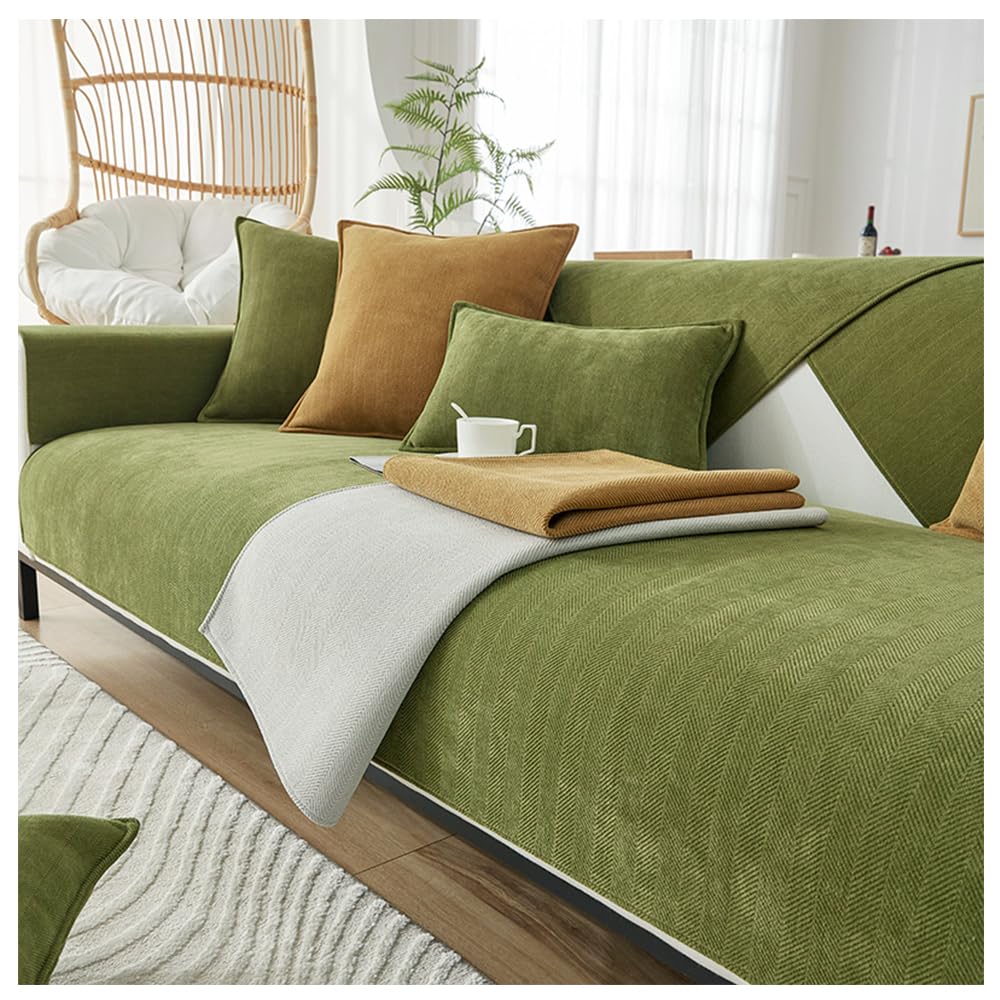 NUODWELL Herringbone Chenille Sofa Cover 1/2/3/4 Seater, Furniture Protector Couch Cover Universal Non-Slip L Shape Couch Cover Quilted Corner Slipcovers for Living Room (Green, 70 * 210cm)