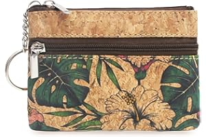 Eco-friendly Natural Cork Coin Purse, Boshiho Mini Coin Change Wallet Credit Card Holder Zipper Pouch Vegan Wallet with Key Ring Keychain