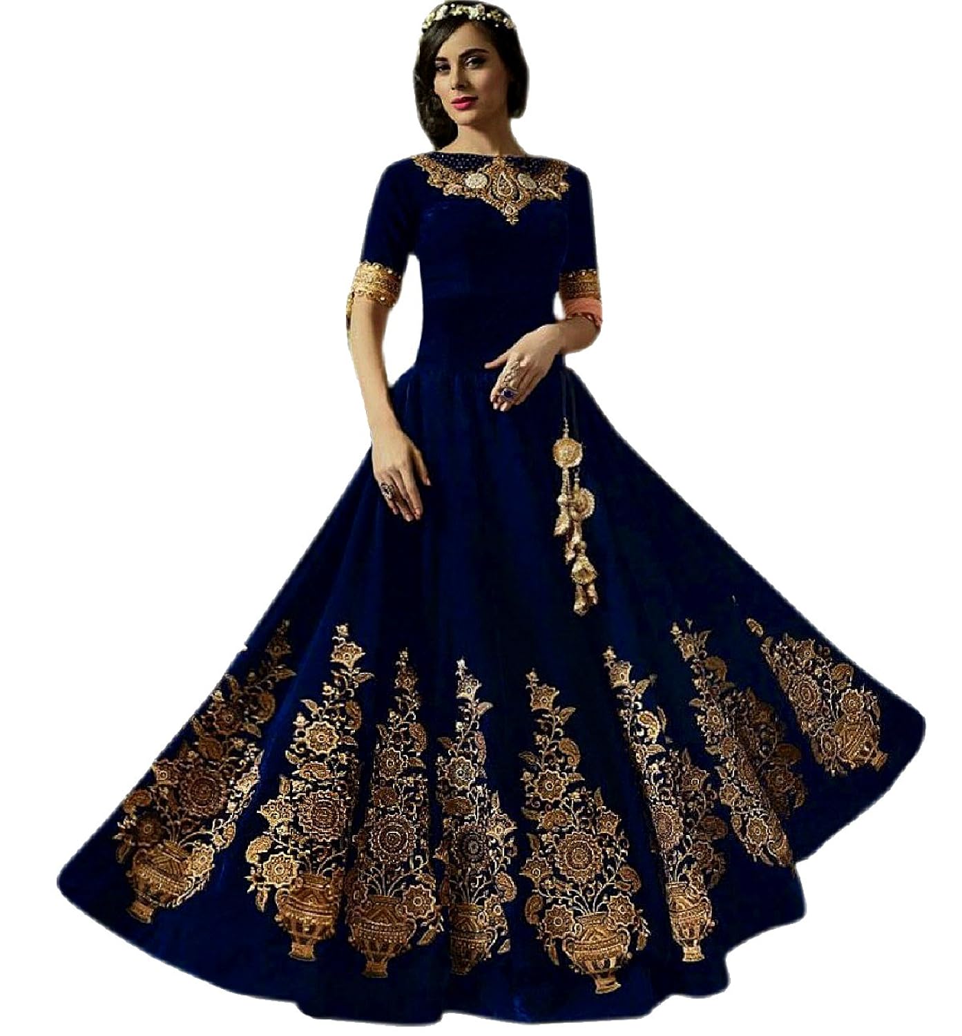shree impex women's dark blue taffeta silk embroidered gown