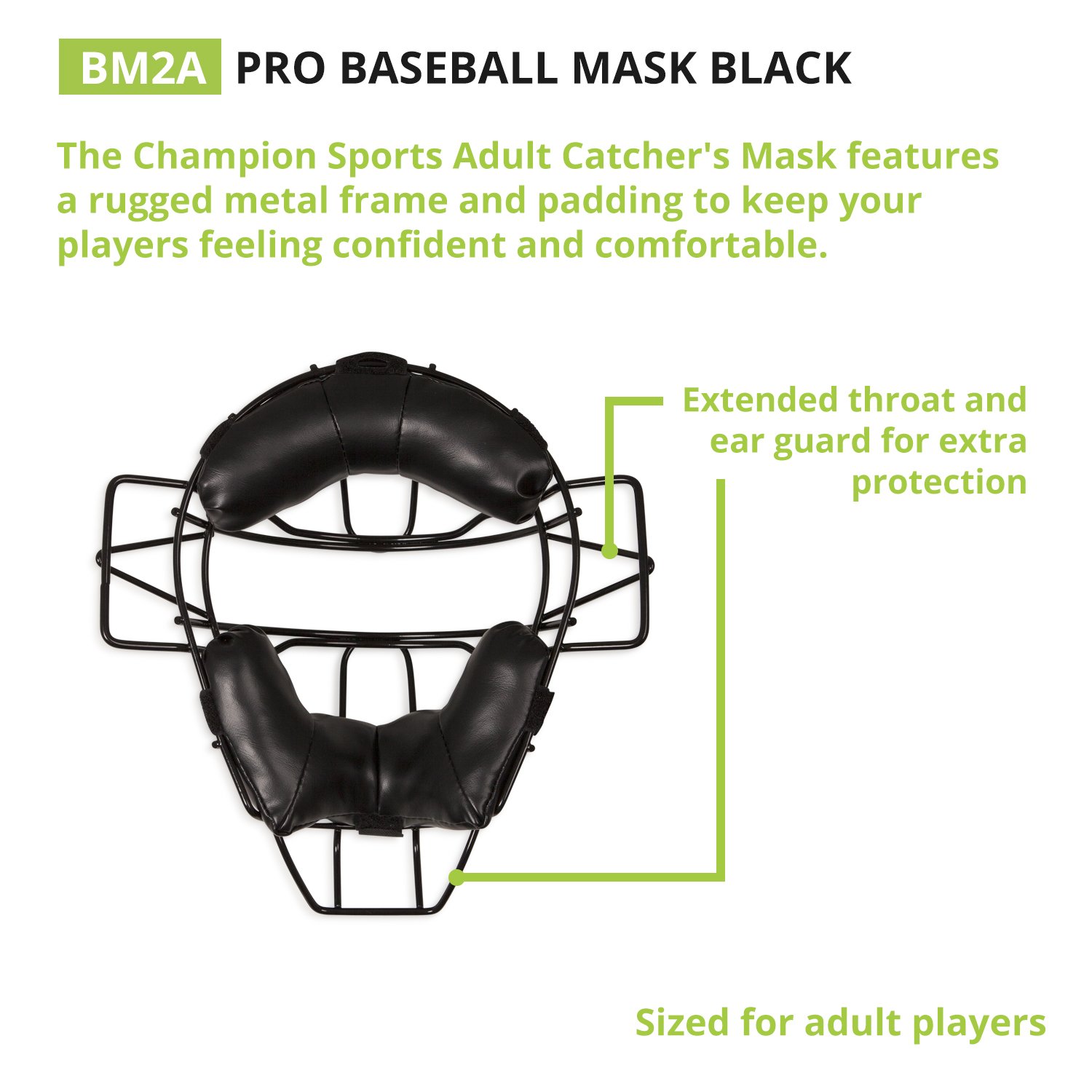 Champion Sports Pro Baseball Adult Mask - Umpires and Catchers - Extra Protection - Extended Guards - Adjustable Harness Baseball Mask - Adult Size,Black