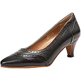 Mona flying Women's Leather Pointed Toe Vintage Brogue Pumps Slip On Mid Heels Dress Shoes for Ladies