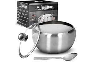 Tulvera Stainless Steel Sugar Bowl with Glass Lid and Serving Spoon, Modern Round Design