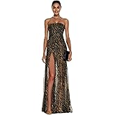JUMISEE Women’s Sheer Mesh Tiger Stripe Tube Top Dress Sexy High Slit Strapless Maxi Dress Flowy Cocktail Party Dress