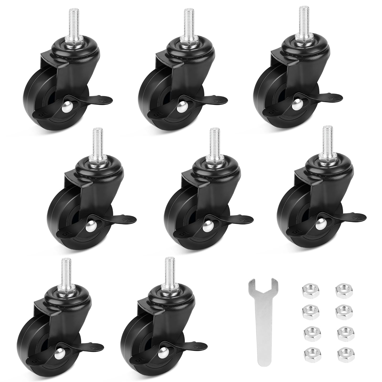 DBREAKS Pack of 8 Swivel Castors, Diameter 50 mm Furniture Castors, M8 Transport Castors with Brake, Heavy Duty Castors for Furniture, Swivel Castors, Load Capacity 50 kg per Castor (Black)