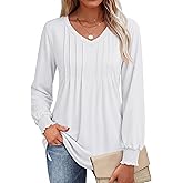 YUCOLEN Womens Long Sleeve Shirt V Neck T Shirts Pleated Dressy Casual Blouses Ruffle Cuffs Loose Tunic Tops