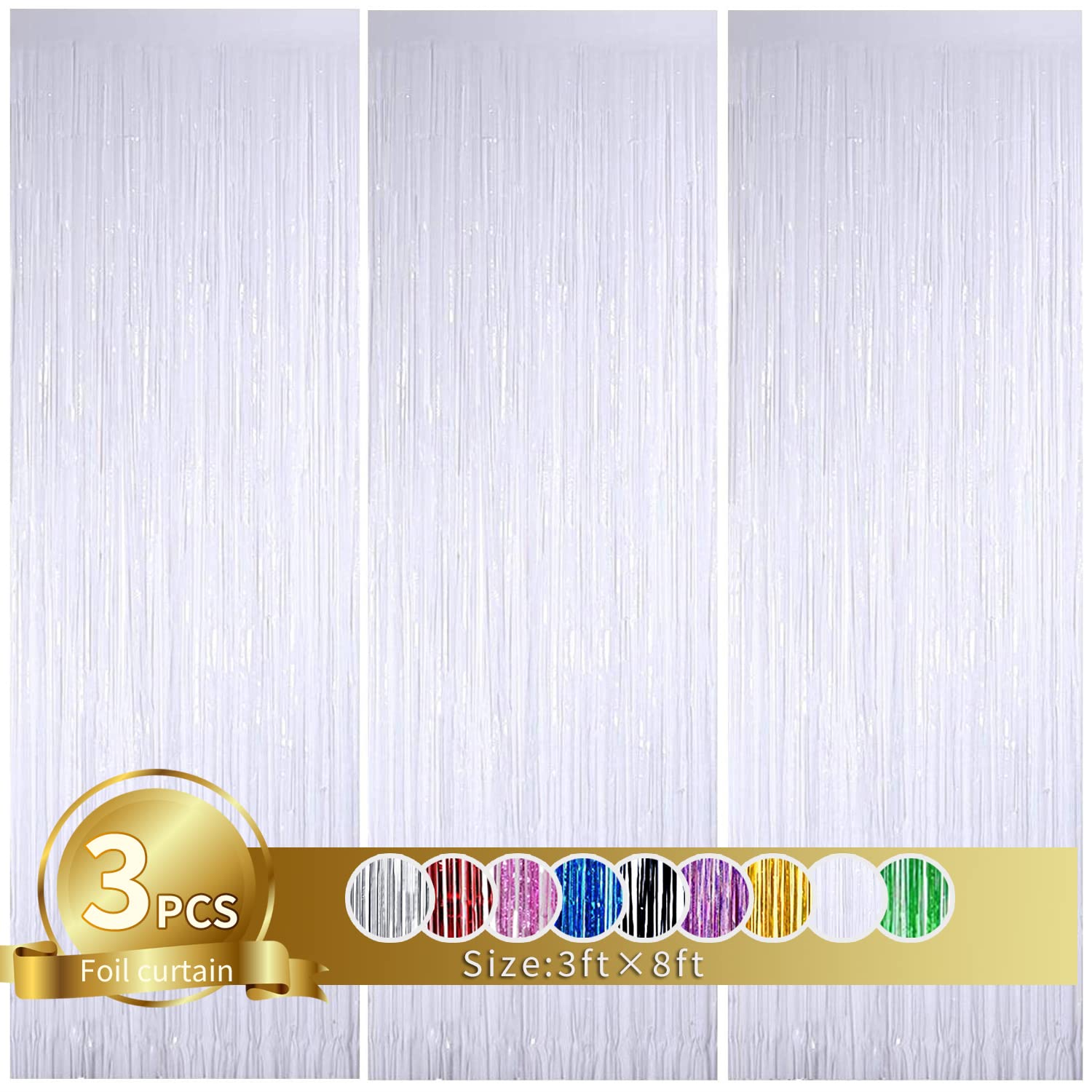 TONEFUL White Door Foil Fringe Curtains Metallic Backdrop for Birthday, Christmas, New Year, Bachelorette, Grad Party Decor (9.9ft x 8.2ft) - 3 Pieces