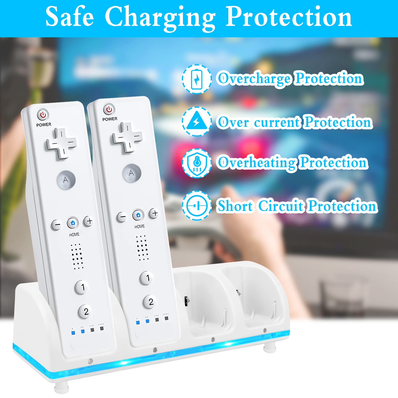 Wii Remote Charging Station, 4-in-1 Controller Charger Station with 4 Wii Rechargeable Battery Pack & USB Cable for Wii/Wii U Controller Remote (White)