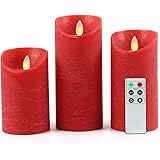 Fanna Red Flickering Flameless Candles with Moving Flame, Battery Operated LED Candles with Timer and Remote, Textured Wax Finish, Batteries Included - H5/6"/7" Set of 3