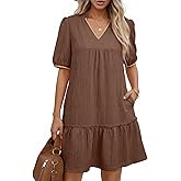Dokotoo Summer Dresses for Women Casual V Neck Puff Short Sleeve Ruffled Solid Cute Babydoll Mini Dress with Pockets