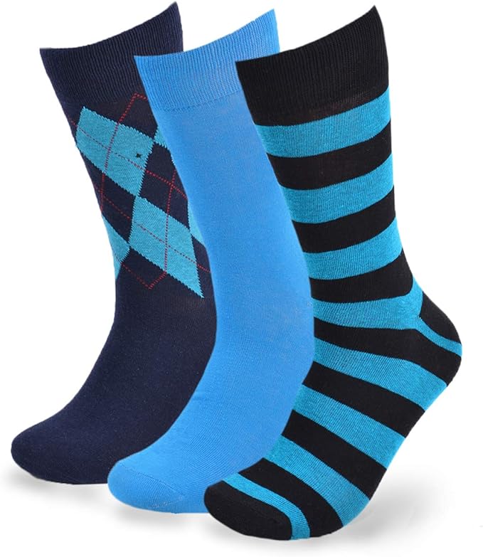 Men's Blue Fancy Multi Design Dress Socks Gifts Set 3 Pairs at Amazon
