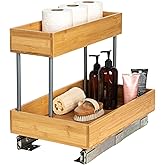 Household Essentials Glidez Steel and Bamboo Pull-Out/Slide-Out Storage Organizer for Under Sink or Cabinet Use - 2 -Tier Design - Fits Standard Size Cabinet or Shelf, Natural and Chrome