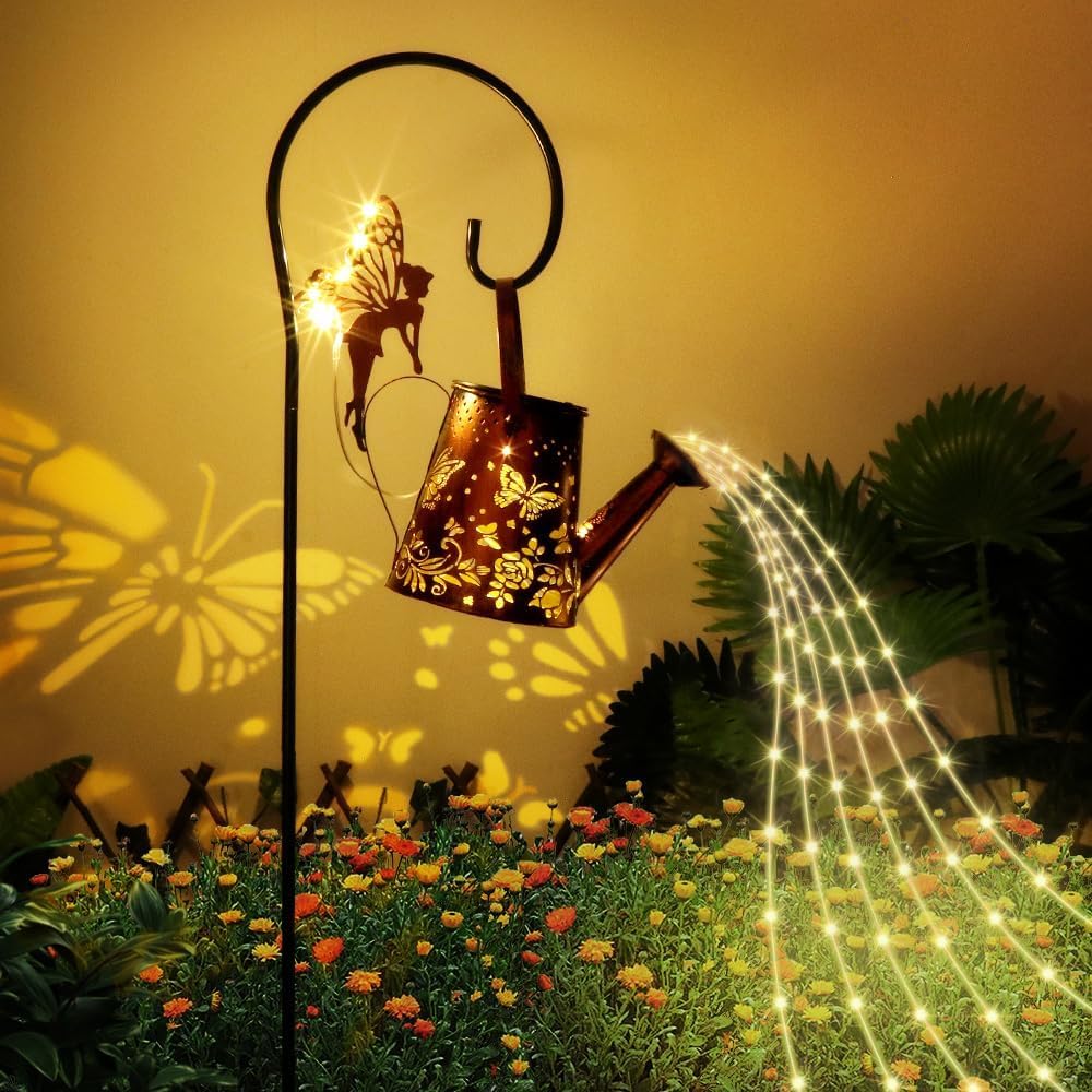 ACUYE Solar Garden Lights & Watering Can with 36 LED String Lights - Waterproof Butterfly & Elf Decorations for Patio, Porch, and Yard