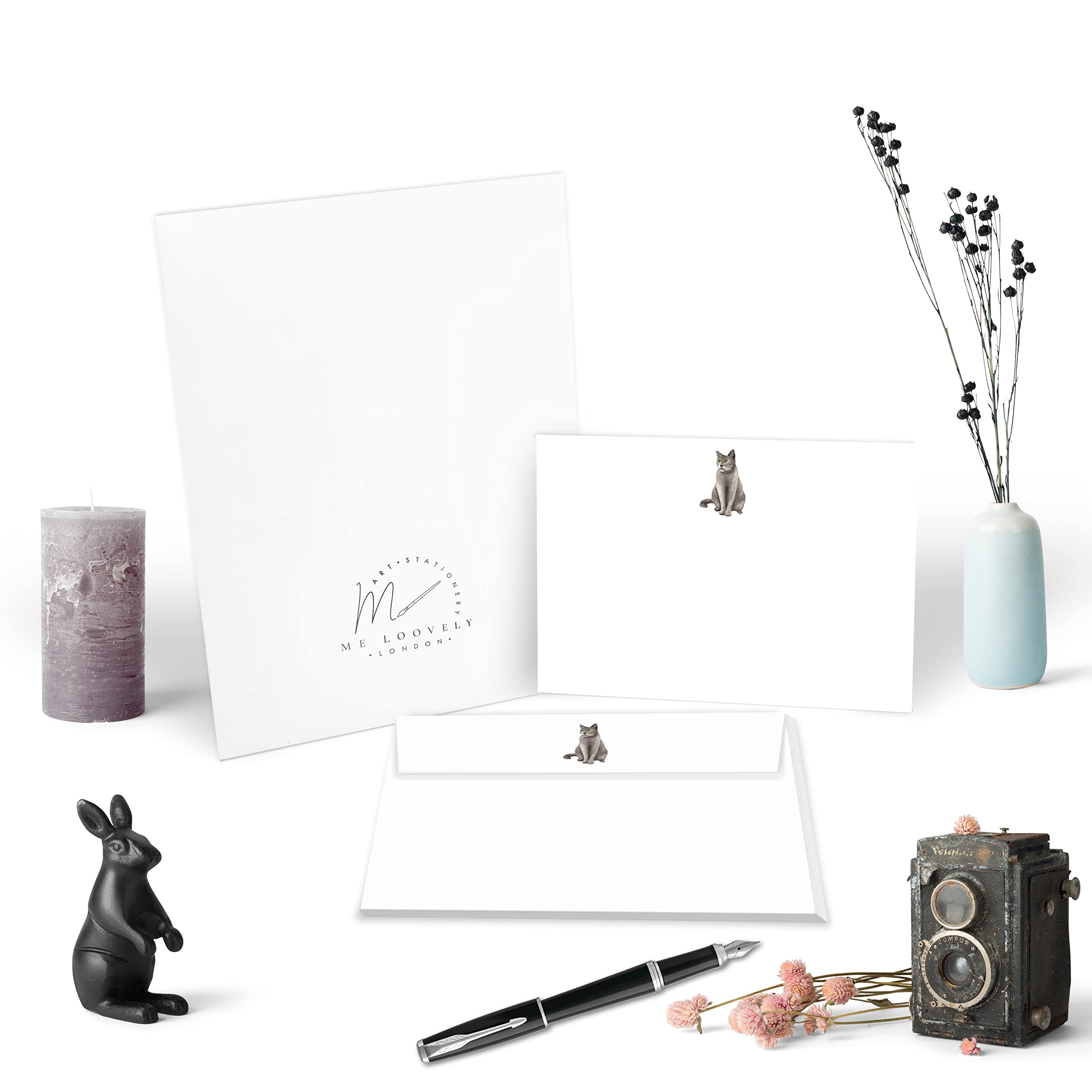 Me Loovely Grey Cat Flat Notecard and Envelopes Set A6 Size Greetings Card Blank Note Cards | Christmas Gifts (Pack of 10)