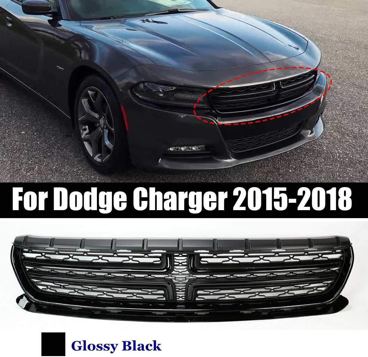 10JQK 1PCS Gloss Black/Black+Silver Front Grille Bumper Radiator On Grille Racing Grill Spoiler For Dodge Charger 2015-2018,GlossyBlack