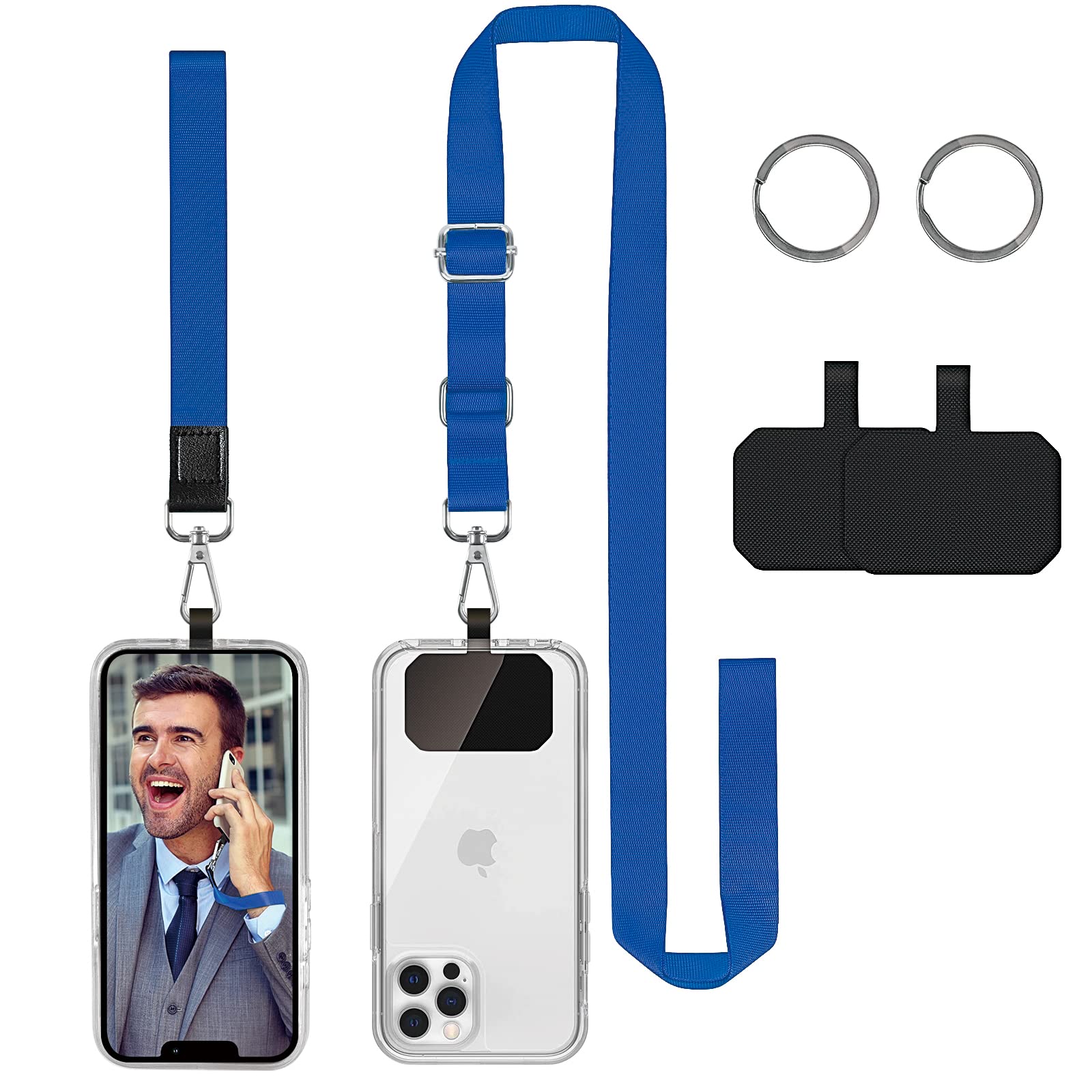 DGHYDZ Cell Phone Lanyard, Universal Crossbody Lanyards Adjustable Shoulder Neck Strap with wrist lanyard, 2 Key Rings, 2 Phone Tether Pads Compatible Most Smartphones (Blue)