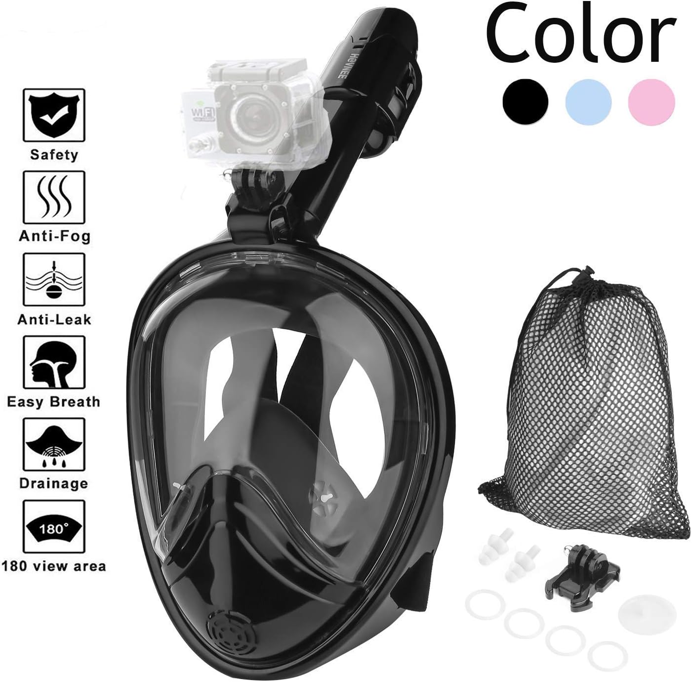 HOVNEE Diving Mask Full Face Diving Mask with Detachable Action Camera Mount, 180°Large View Easy Breath Dry Top Design Anti-Fog and Anti-Leak Snorkel Set with Adjustable Head Straps