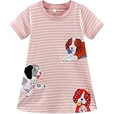 NUBEEHOHO Girls Cotton Dress Toddler Summer Short Sleeve Animal Print Cartoon Dresses 2-8 T