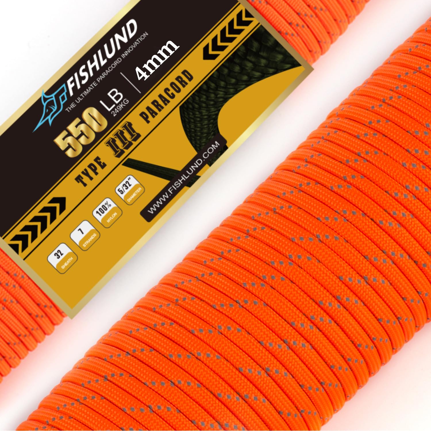 FISHLUND Reflective Paracord 550 lb, 7 Strand Paracord Rope 100ft 4mm, Nylon Parachute Cord for Camping, Neon Orange