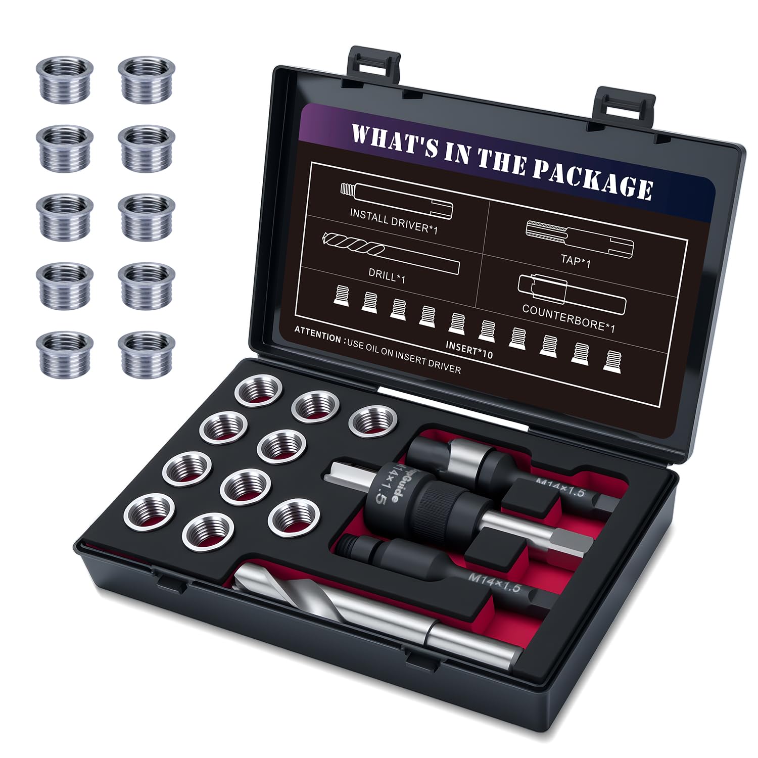 Photo 1 of SENNMONN M14X1.5 Thread Repair Kit with Insert HSS Drill, Tap, Counterbore, Installation Driver,Tap Guides, Metric, 10PCS Stainless Steel Insert M14X1.5X 9.4MM