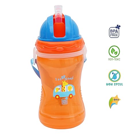 1st Step 360 Ml Polypropylene BPA Free Sport Straw Sipper Cup with Detachable Straps and Straw Lid-Orange
