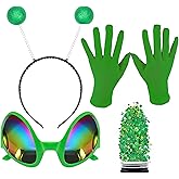 Alaxciax Alien Headband with Glasses, Holographic Glitter Alien Costume Accessories with Gloves for Women for Party Cosplay