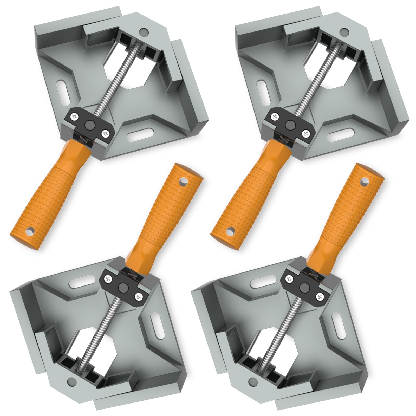 Housolution Right Angle Clamp, 4-Pack Single Handle 90° Aluminum Alloy Corner Clamp for Woodwork, Right Angle Clip Clamp Tool Woodworking Photo Frame Vise Holder with Adjustable Swing Jaw, Silver Gray