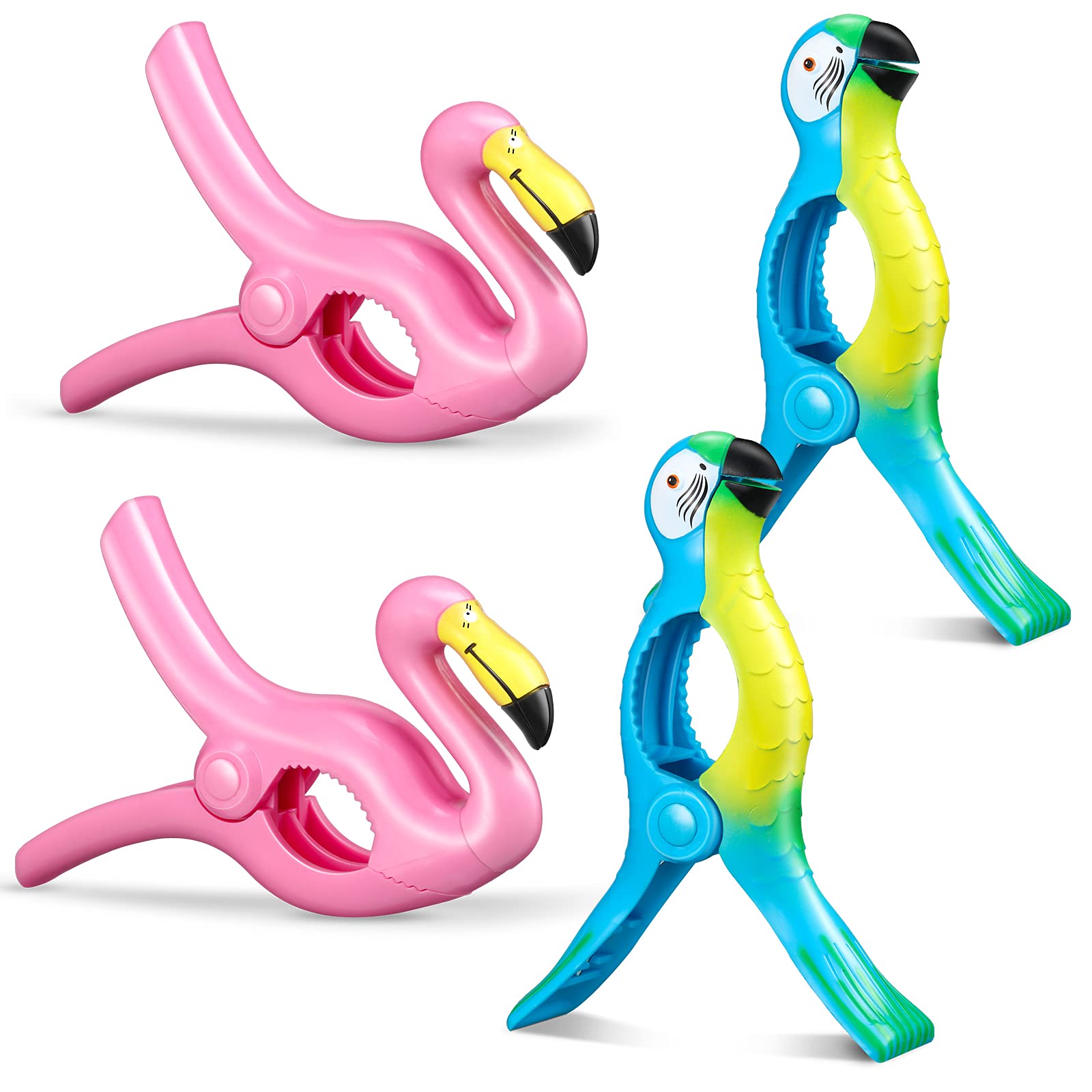 Photo 1 of 4 Pieces Beach Towel Clip Jumbo Size Chair Clips Towel Holder Clothes Pegs Christmas Stocking Clamp for Cruise Patio Pool Holiday Vacations(Parrot, Flamingo,Blue, Pink)