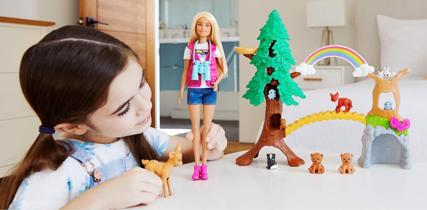 Barbie Wilderness Guide Interactive Playset, Blonde Barbie Doll, Outdoor Tree, Bridge, Overhead Rainbow, 10 Animals & More - Image 3