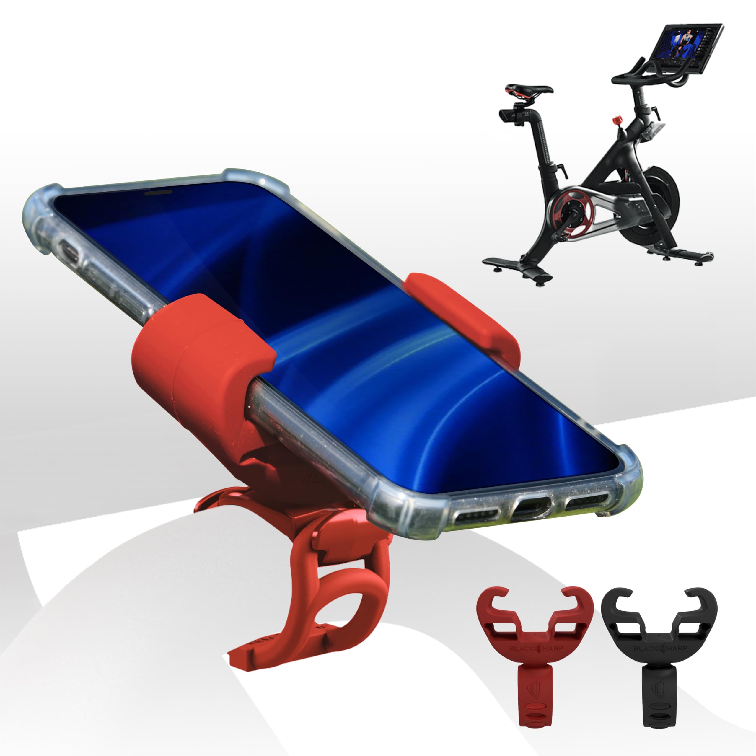 Photo 1 of Black Harp Upgraded Silicone Phone Holder Compatible with Peloton Bike Accessories - Cell Phone Mount for Stationary Exercise Bike (Red)