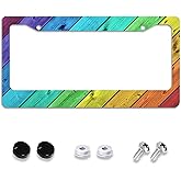 Smoaffly License Plate Frame,Rainbow Wood Tag Decorative Aluminum Metal Cover for Women,U S Canada Standard,Auto Vehicle Accessories 2 Holes with Screw Caps—12x6 Inch