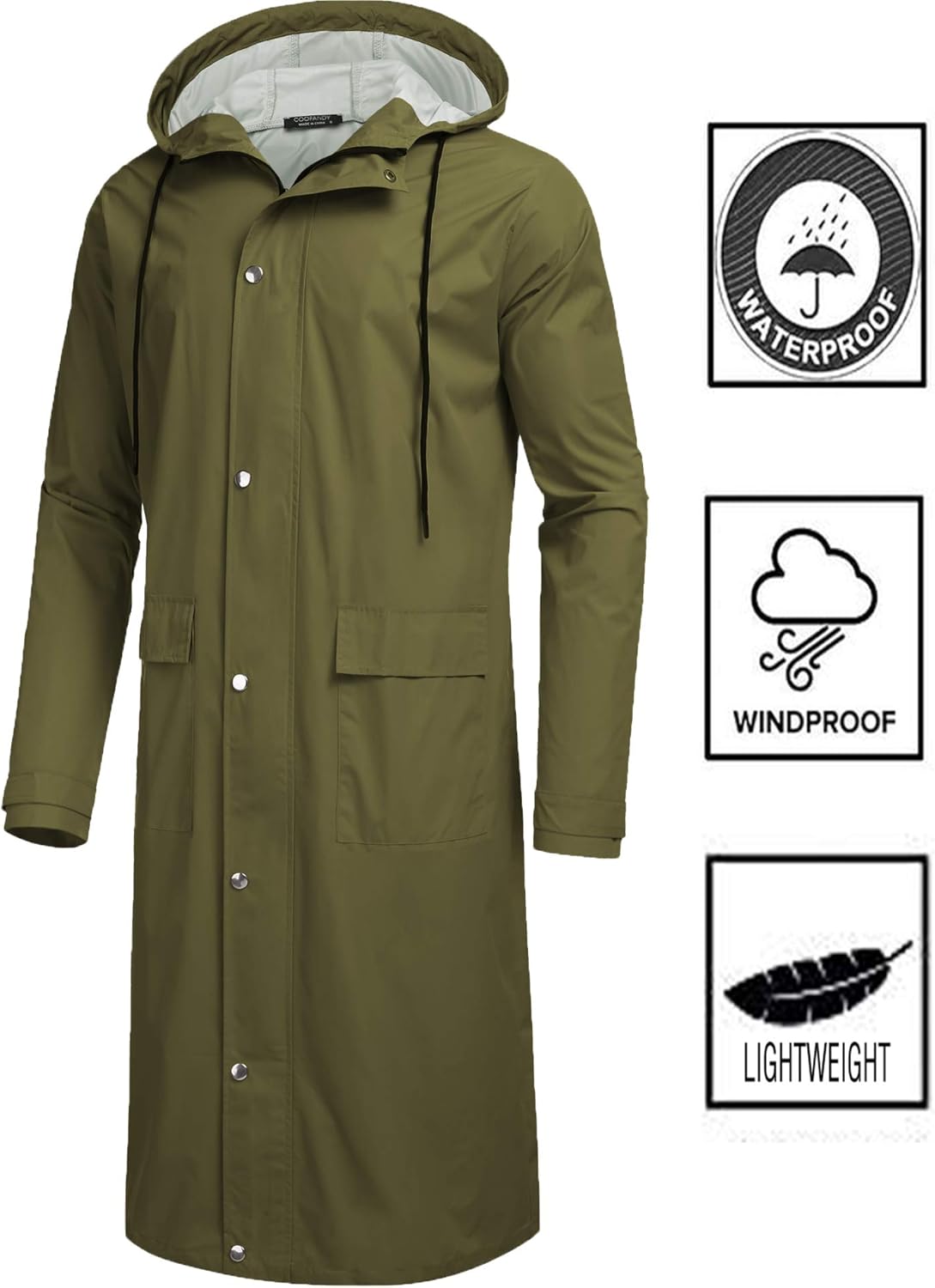 COOFANDY Men's Rain Jacket with Hood Waterproof Lightweight Active Long Raincoat: Clothing