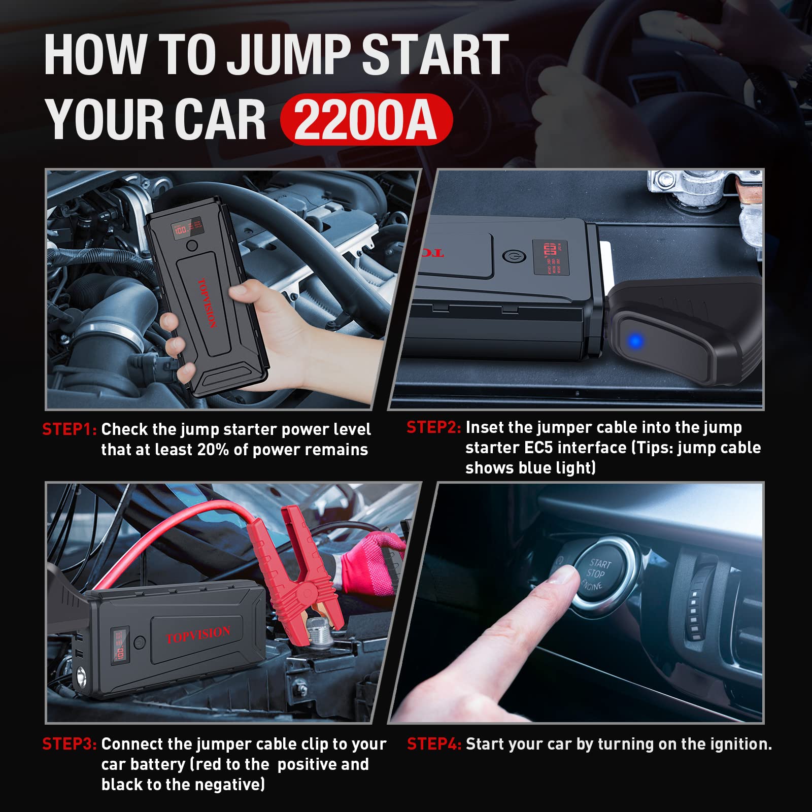 Battery Starter for Car, TOPVISION 2200A Peak 21800mAh Portable Car Jump Starter (Up to 7.0L Gas