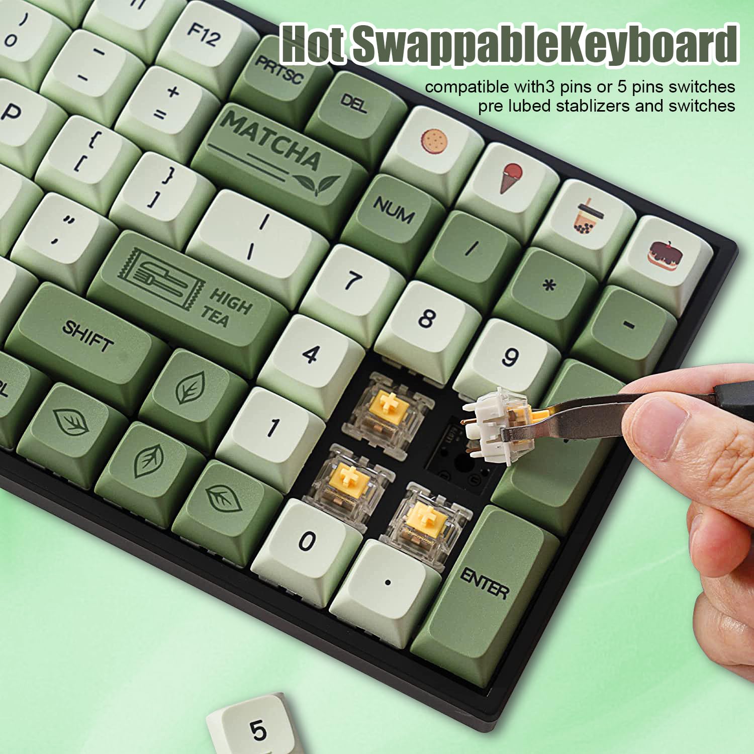 BOYI TK96 RGB Mechanical Keyboard,Wireless BT5.0/2.4Ghz/Type-c Wired Hot Swap Gateron Yellow Switch,100 Keys N-Key Rollover Matcha Green XDA PBT Keycaps for Working&Gaming