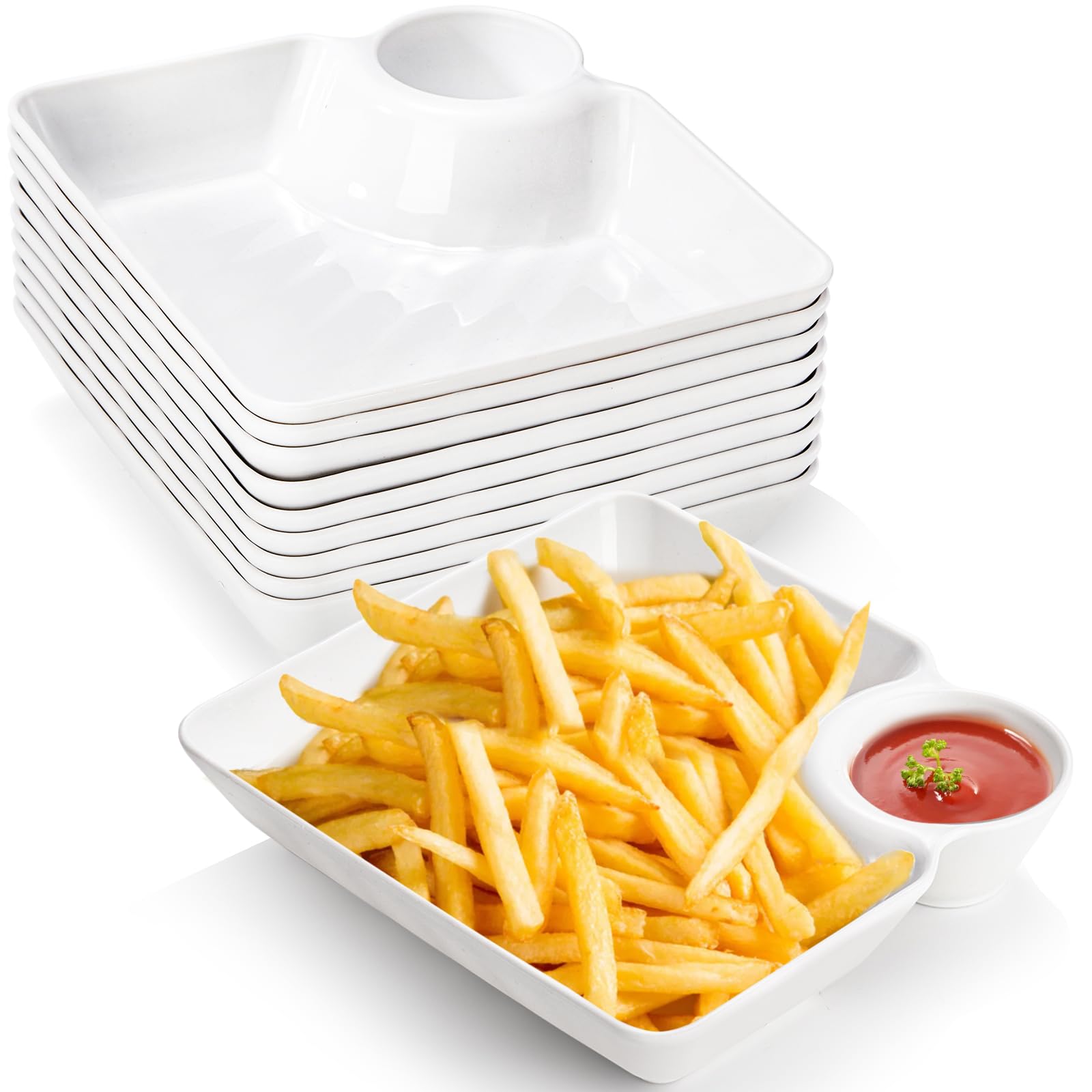 Photo 1 of Lawei 10Pcs Chips and Dip Plates, Plastic Serving Platter Set Dumpling Plate with Dipping Saucer, White Divided Snack Serving Dishes for Appetizer, Sushi, Taco Salsa, Charcuterie, Reusable