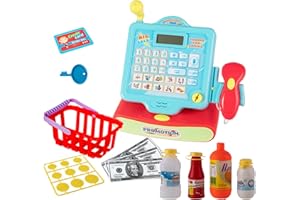 BRINJOY Cash Register for Kids with Scanner, Pretend Play Calculator Supermarket Toys w/Basket, Play Money, Credit Card, Play Drinks, Toddler Toy Register w/Microphone & Sound for Girls & Boys Ages 3+