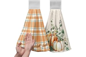 Kwlegh Fall Autumn Hanging Kitchen Towels Thanksgiving Pumpkin Hand Towel with Hanging Loop Vintage Checkered Plaid Dish Towels Soft Absorbent Fingertip Bath Tie Towel for Bathroom Decorative Set of 2