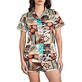 Women Halloween Pajama Sets Short-Sleeve Button Shirt and Shorts 2 Piece Lounge Set Ghost Pumpkin Pjs Sleepwear