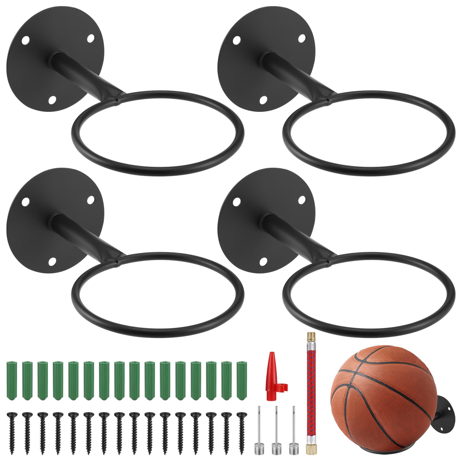 4Pcs Ball Holders for Wall, Sturdy Football Stand Wall Mounted, Football Stand Display, Versatile Ball Stand for Football Basketball Volleyball Rugby, Football Storage Rack with Screw & Inflatable Kit