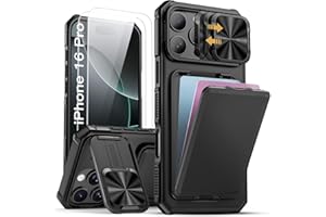 SSLOTSCASE for iPhone 16 Pro Case with 2X Screen Protector, Card Holder & Kickstand & Slide Camera Lens Cover, Silicone Edge Rugged Shockproof Protective Phone Cover for iPhone 16 Pro 6.3'', Black