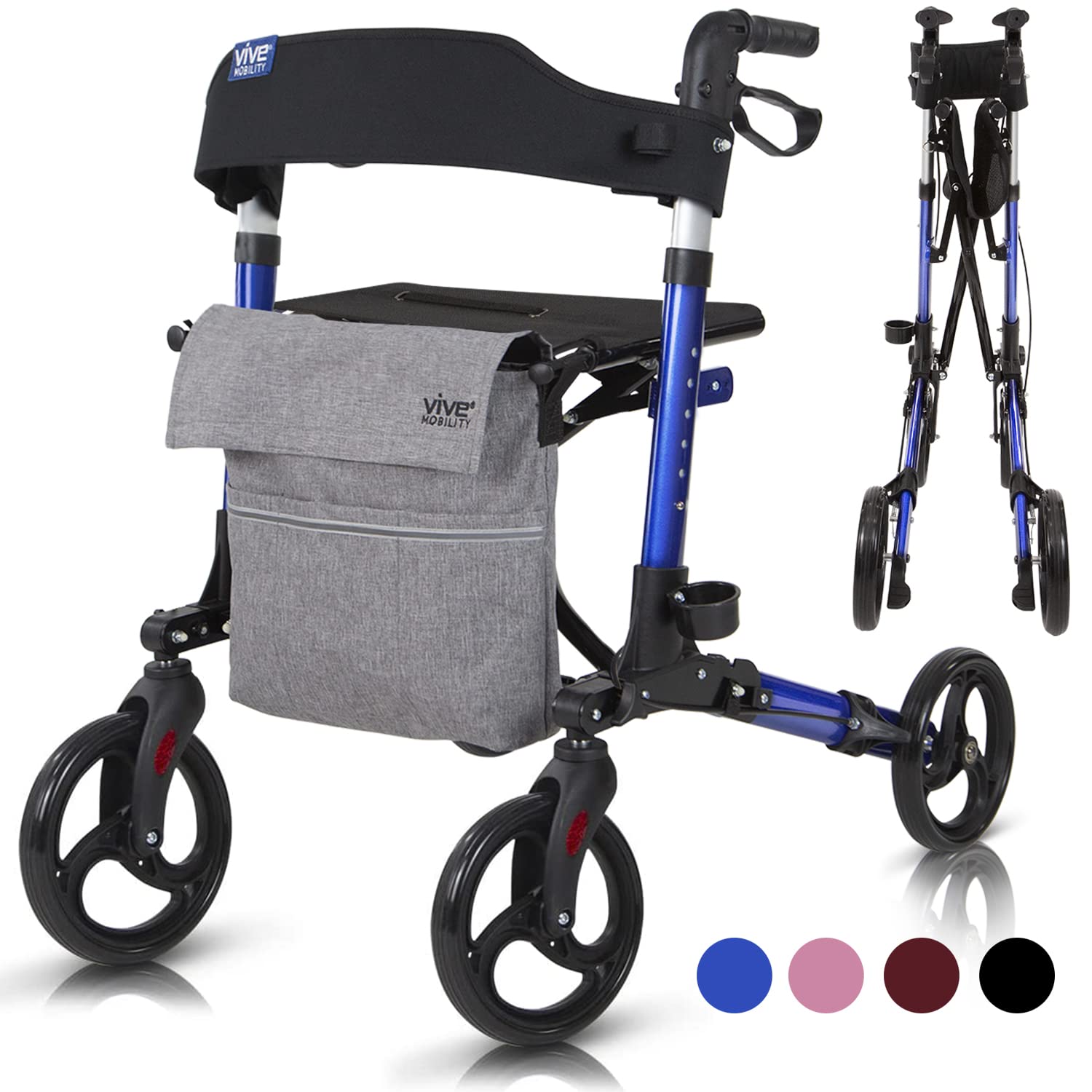 Vive Mobility Rollator Walker - Folding 4 Wheel Medical Rolling Walker with Seat & Bag - Mobility Aid for Adult, Senior, Elderly & Handicap - Aluminum Transport Chair (Blue)