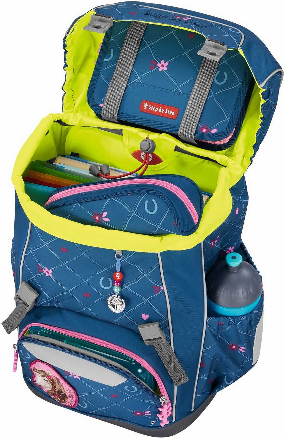 Step by Step Schulranzen-Set GIANT „Horse Lima“ 5-teilig, ergonomischer Tornister, höhenverstellbar mit Hüftgurt, für die Grundschule, ab der 1. Klasse, 23L, blau-rosa, Pferd-Design 4