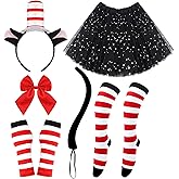 NinkyNonk 8PCS Halloween Cat Costume, Black Cat Headband Tail Tutu Red Bowtie Gloves Knee Stockings for World Book Week Cosplay