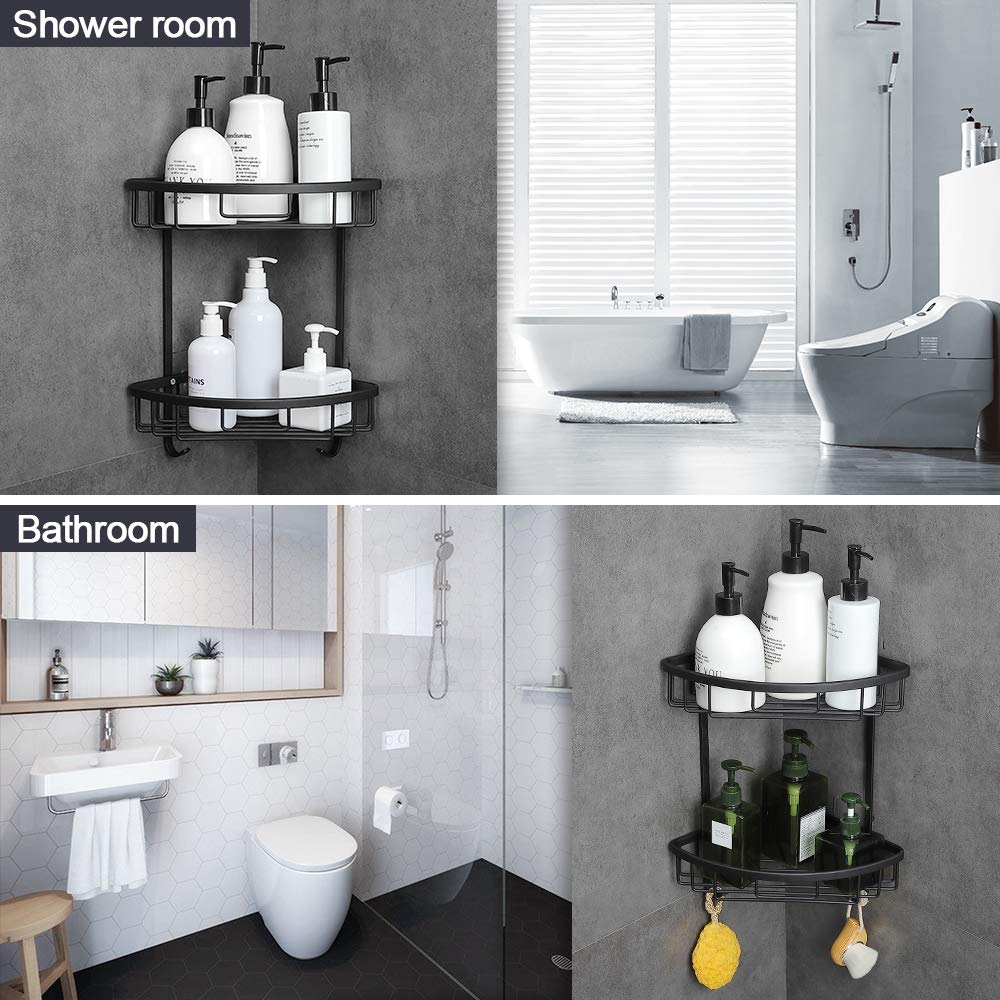 Gricol Bathroom Shower Corner Shelf No Drilling Shower Caddy Black Adhesive Suction 2 Tiers
