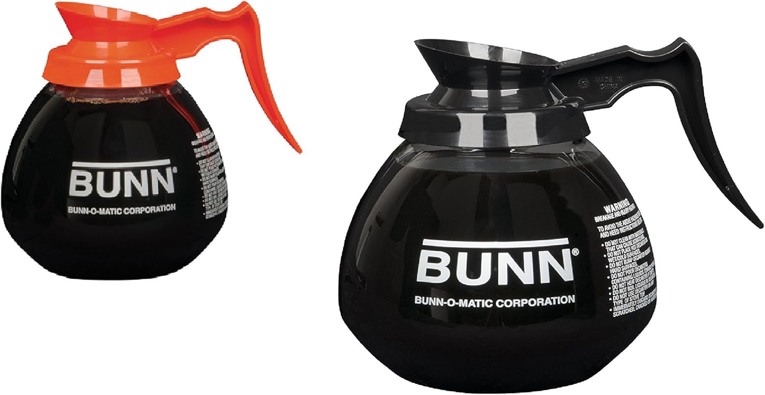 BUNN Coffee Pot Decanter/Carafe Regular Plus 1 Orange Decaf, 12 Cup Capacity, Black, Set of 2